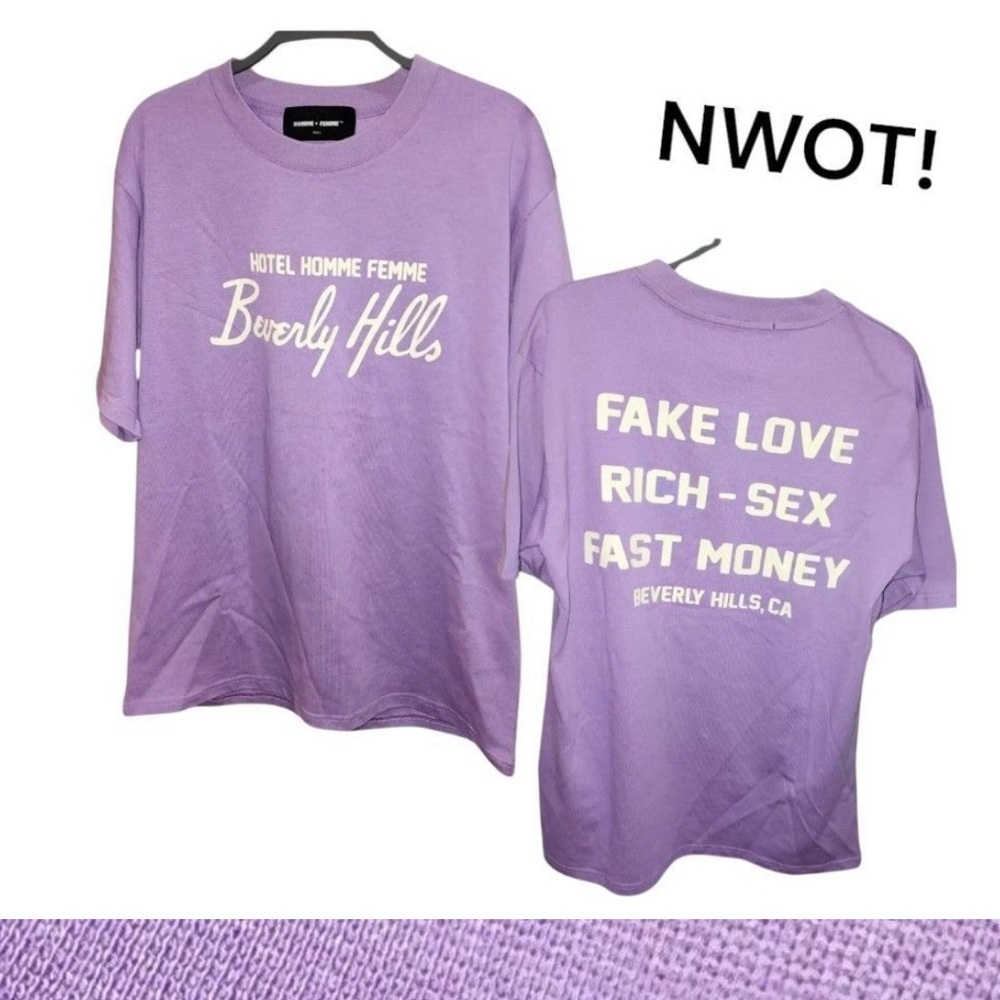 NWOT Unisex Hotel Homme Femme Logo Purple T-Shirt Size Small
